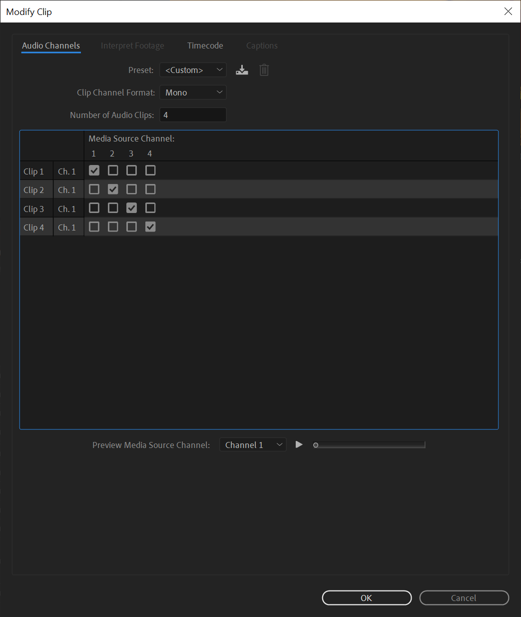 A clip’s Audio Channels options window, before modification