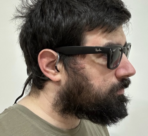 Measurement setup, with DPA binaural microphones and Meta Rayban on the same head
